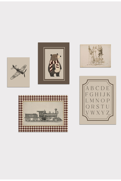 Kids Retro Ayıcık ve Taşıtlar Temalı Bebek & Çocuk Odası 5'li Poster Seti - V...