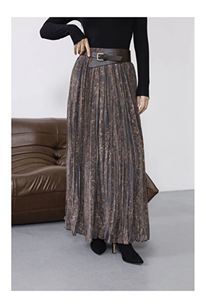 Haticepalas Coffee-Colored Belt Detailed Patterned Crinkled Skirt