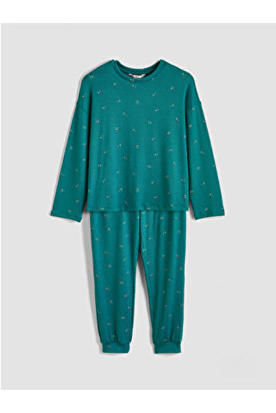 LC Waikiki M1 Sezon Turquoise Crew Neck Patterned Women's Pajama Set