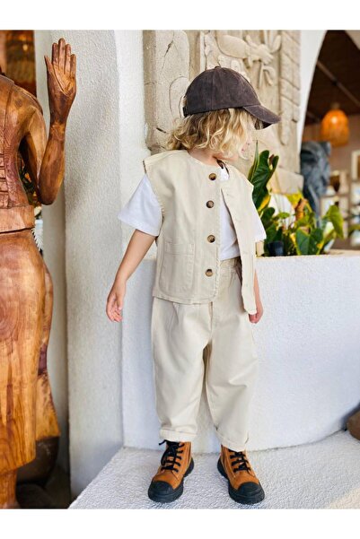 Motebarn Wear Мъжка детска жилетка в сафари стил – кремава жилетка от памучен...