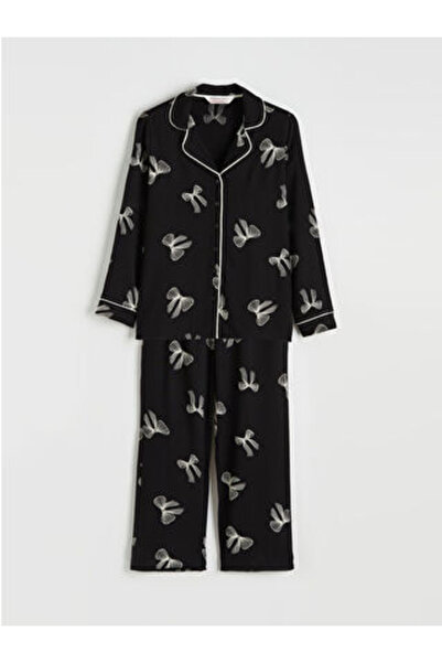 LC Waikiki M1 Sezon Black Shirt Collar Bow Patterned Women's Pajama Set