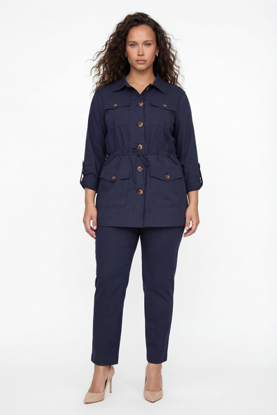 EXİTLİNE Women's navy blue summer dress with elastic waist, belt, and button ...