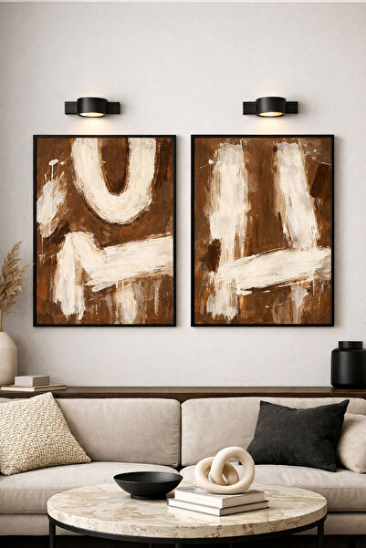 Linacci Double Black Metal Frame Minimalist Earth Tones Abstract Art Glass Pa...