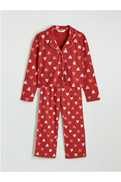 LC Waikiki M1 Season Red Shirt Collar Heart Patterned Women's Pajamas Set
