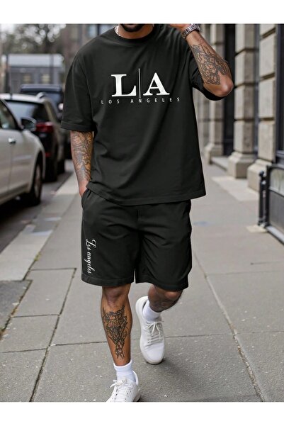 puolikuu Men's Oversized Tracksuit with Shorts - La Los Printed T-Shirt - Shorts