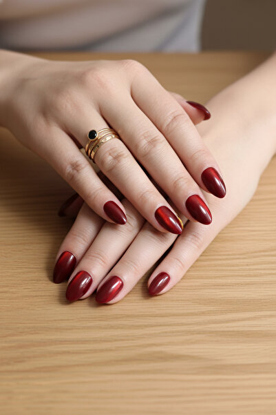 Easy Beauty Kısa Badem Bordo Kedi Gözü MEDIUM Beden 10 Adet Takma Tırnak Seti...