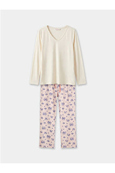 LC Waikiki M1 Sezon Pink V-Neck Printed Women's Pajama Set