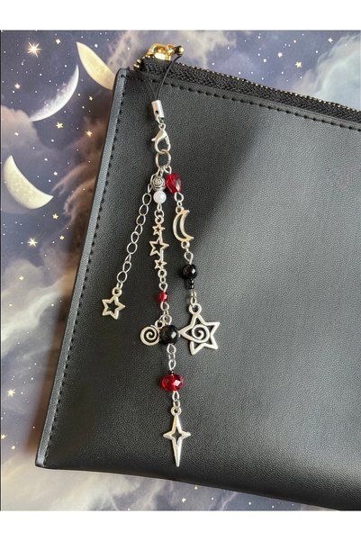 WhimsyWhite Phone Charm with Star and Moon Detail – Spiral Vortex Burgundy Black Handmade Phone Strap, Phone Lanyard