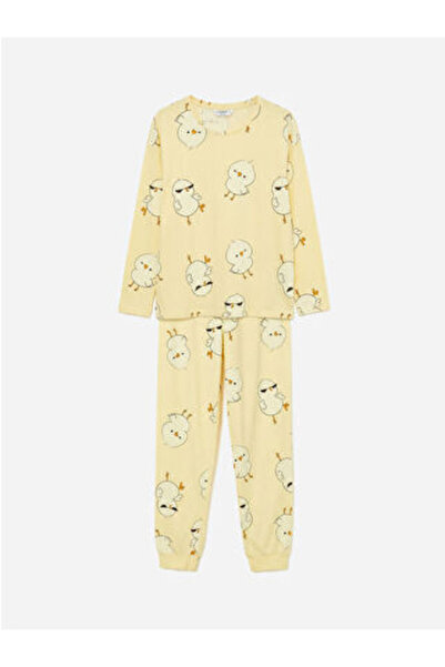 LC Waikiki M1 Sezon Yellow Crew Neck Patterned Women's Pajama Set