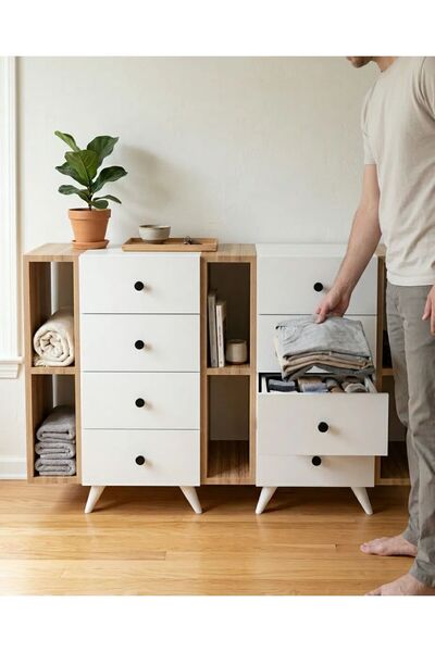 Projemob Miramob 8 Çekmeceli ve 6 Bölmeli Modern Şifonyer Geniş Konsol Saklam...