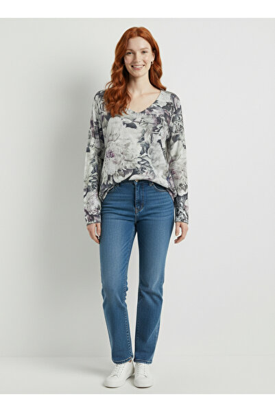 Neden Tekstil Romantic Floral Print V-Neck Boutique Knitwear Sweater