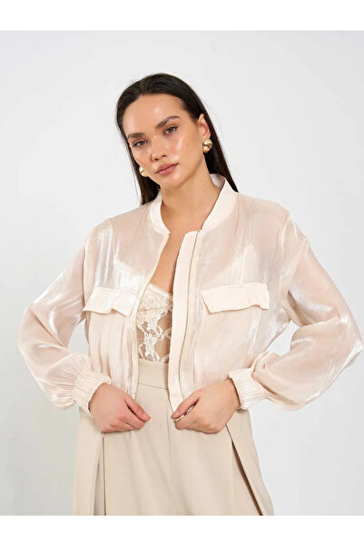 BIGNUANCE سترة بومبر من الأورجانزا البيج، سترة قصيرة خفيفة الوزن ذات ملمس شفاف