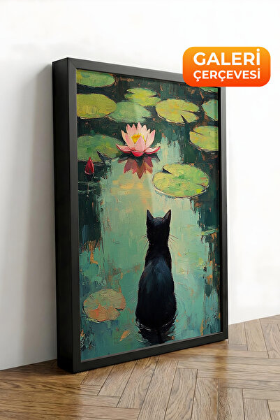 Zestia Εκτύπωση σε καμβά με μαύρο πλαίσιο, Σειρά Premium με γάτα σε φύλλο νού...