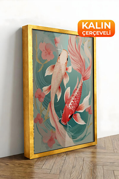 Zestia Εικονογράφηση ψαριών Koi σε καμβά με χρυσό πλαίσιο, Σειρά Premium Αρ. ...