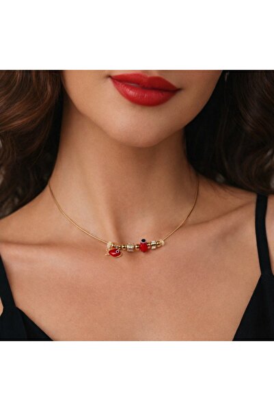 stainless steell Gold Color Red Enamel Fish Model Zircon Steel Necklace