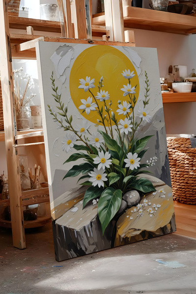 Zestia Πίνακας σε καμβά: Μαργαρίτες σε Βάζο - Χαρούμενη Βοτανική Σειρά Premiu...