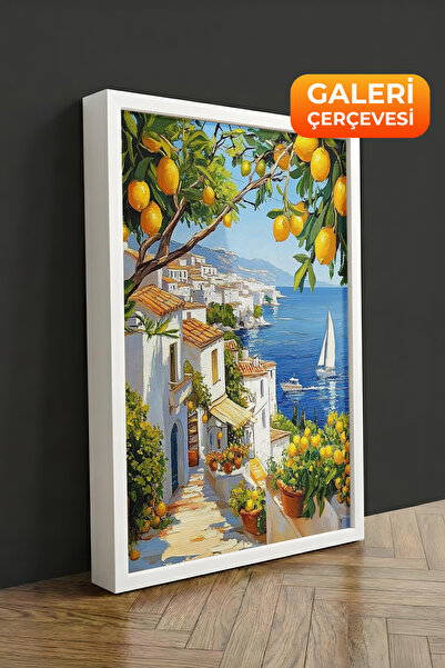Zestia Πίνακας σε καμβά με λευκό πλαίσιο Μεσογειακή ακτή με λεμονιέρια και θά...