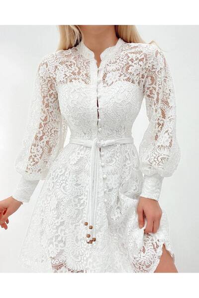 Esinty Women's Belted Button-Front Lined Balloon Sleeve Tulle Dress