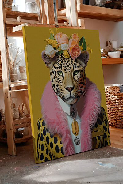 Zestia Πίνακας σε καμβά με λουλουδάτο λεοπάρ πορτρέτο, Σειρά Premium Αρ. 112374