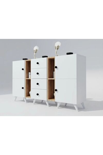 Projemob Miramob 4 Kapaklı 4 Çekmeceli ve 4 Bölmeli Şifonyer Geniş Konsol Sak...