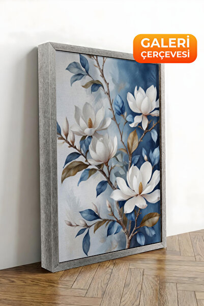 Zestia Πίνακας σε καμβά με ασημί πλαίσιο Λευκά κλαδιά μανόλιας Premium Σειρά ...