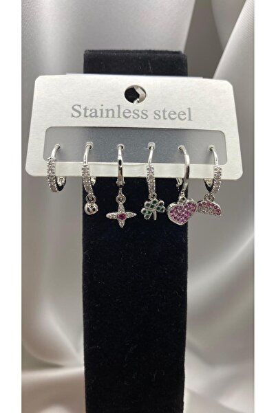 Butik Pirinç Zirkon Taşlı Karışık Model Gümüş Renk 6'lı Set Kadın Küpe