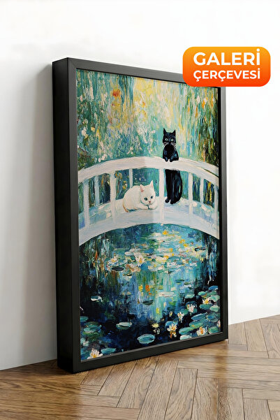 Zestia Tablou pe pânză cu ramă neagră pisică și Pod în stil Monet Seria Premi...