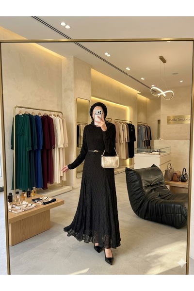 Moda Tendora فستان طويل نسائي مبطن بالدانتيل مع حزام