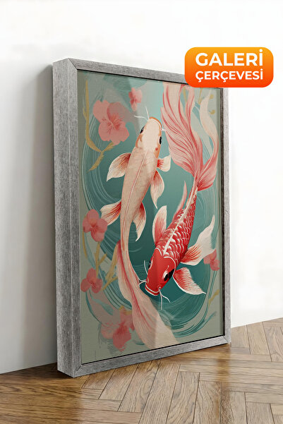 Zestia Εικονογράφηση ψαριών Koi σε καμβά με ασημένιο πλαίσιο, Σειρά Premium Α...