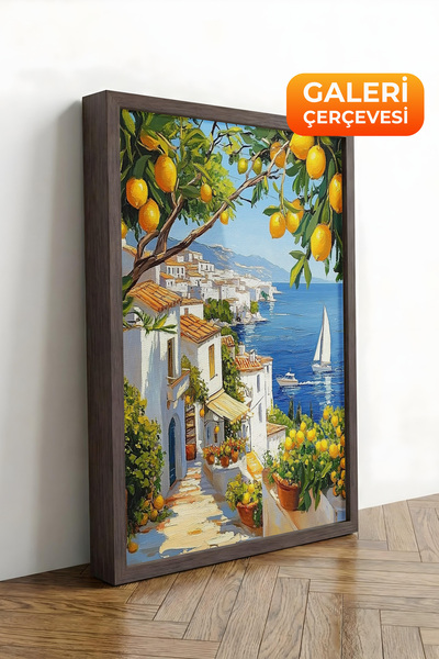Zestia Καφέ πλαισιωμένος καμβάς με εικονογράφηση της Μεσογειακής ακτής με λεμ...