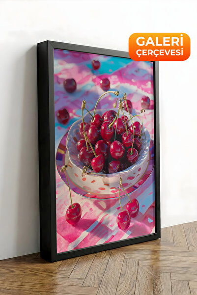 Zestia Πίνακας σε καμβά με μαύρο πλαίσιο Ζωηρή εικονογράφηση κερασιών Σειρά P...