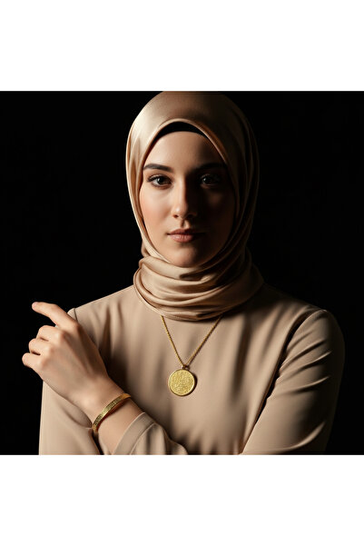 Trenyx Hat Sanatı Ayetel Kürsi Kolye ve Ayetel Kürsi Bileklik Seti Gold Çelik