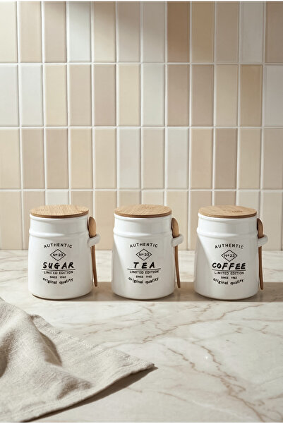 Perotti Modern 3-Piece Jar Set with Spoons Bone Porcelain Kitchen Countertop ...