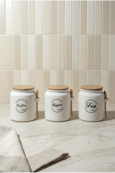 Perotti Modern 3-Piece Jar Set with Spoons Bone Porcelain Vacuum Lid Storage ...