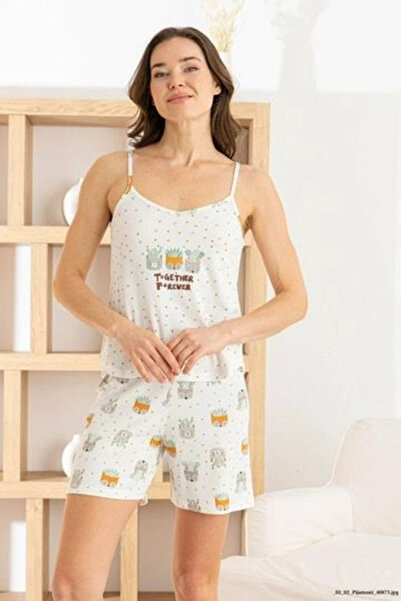 Pijamoni Women's Rope Strap Oslo Fabric Shorts D Patterned White Pajama Set