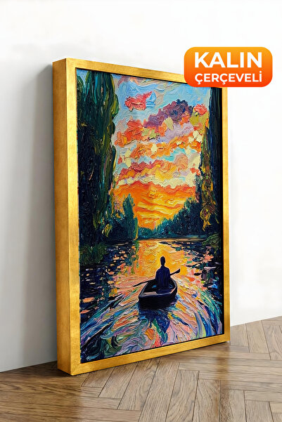 Zestia Tablou pe pânză înrămat cu aur, canoe și apus de soare, peisaj colorat...