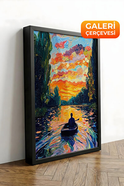 Zestia Tablou pe pânză înrămată neagră, canotaj și apus de soare, peisaj colo...