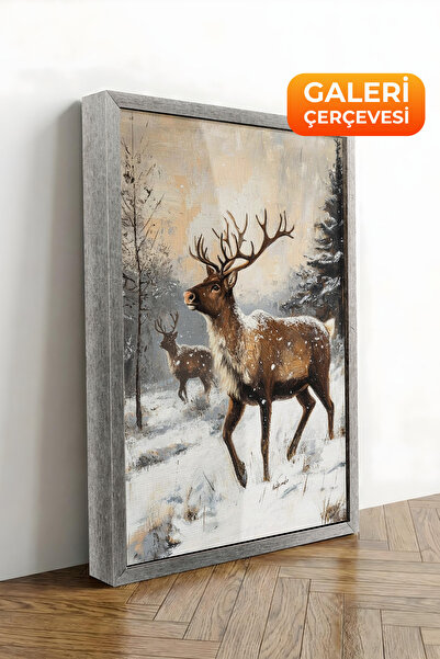 Zestia Εκτύπωση σε καμβά με ασημένιο πλαίσιο Ελάφια και δάσος σε στυλ ελαιογρ...