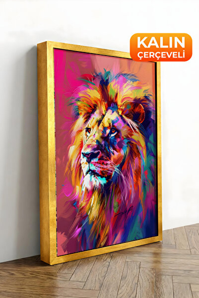 Zestia Tablou pe pânză înrămat cu aur, portret colorat cu leu, Seria Premium ...
