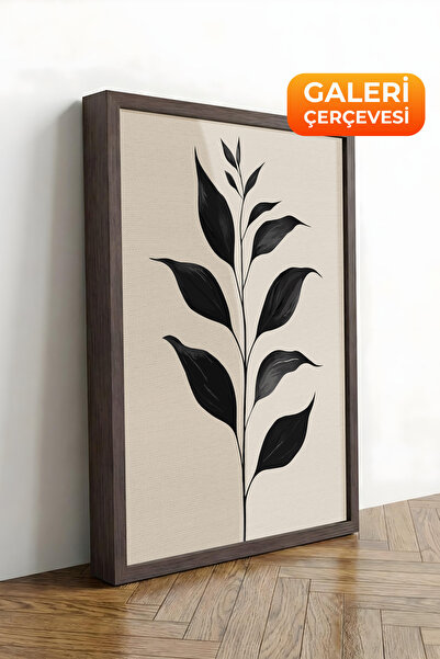 Zestia Καφέ πλαισιωμένος πίνακας σε καμβά με μίνιμαλ σιλουέτα φύλλων – Ασπρόμ...