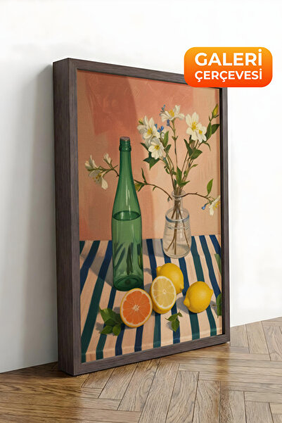 Zestia Καφέ πλαισιωμένος καμβάς με γυάλινα μπουκάλια, λεπτομέρειες λουλουδιών...