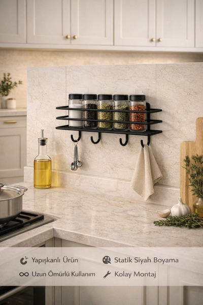 Alper Banyo Siyah Yapışkanlı 4 Kancalı Banyo ve Mutfak Raf Askılığı | Banyo M...
