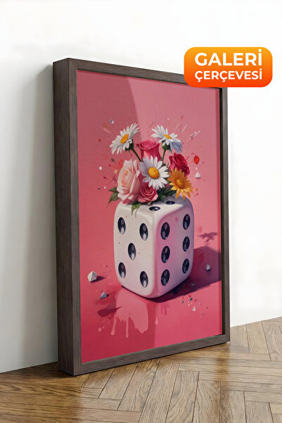 Zestia Καφέ πλαισιωμένος καμβάς με λουλούδια της σειράς Premium Çiçekli Zar Α...