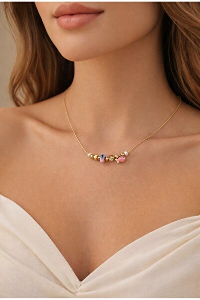stainless steell Gold Color Pink Enamel Fish Motif Zircon Steel Necklace