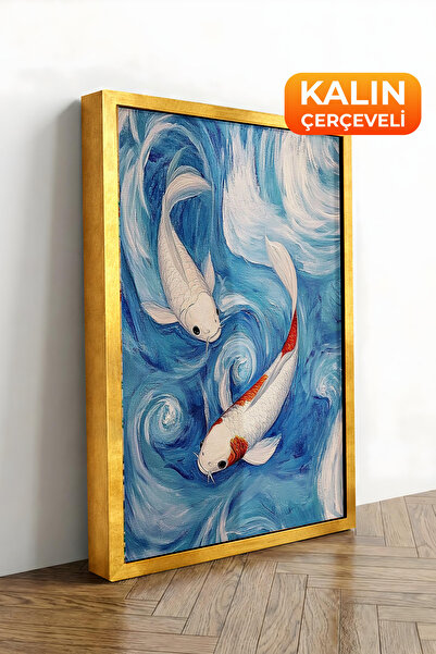 Zestia Εκτύπωση σε καμβά με χρυσό πλαίσιο Koi Fish Blue Waves Ιαπωνικού στυλ ...