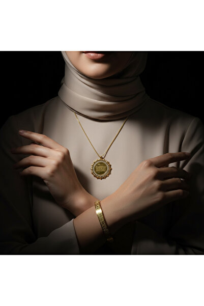 Trenyx Güneş Model Kolye ve Ayetel Kürsi Bileklik Seti Gold Çelik Şık Takı Seti