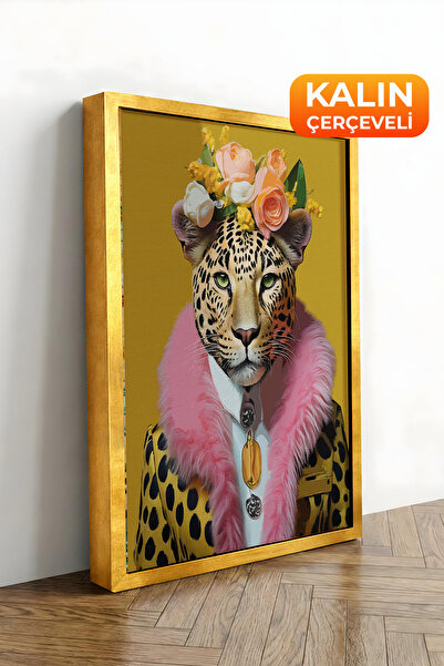 Zestia Εκτύπωση σε καμβά με χρυσό πλαίσιο, Πορτρέτο λεοπάρδαλης με λουλούδια,...