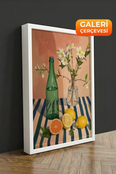 Zestia Πίνακας σε καμβά με λευκό πλαίσιο, γυάλινα μπουκάλια, λεπτομέρεια λουλ...