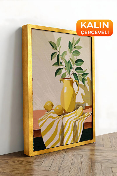 Zestia Εκτύπωση σε καμβά με χρυσό πλαίσιο Νεκρή φύση με κίτρινο λεμόνι Premiu...