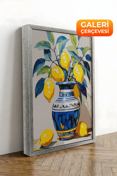 Zestia Tablou pe pânză înrămat cu argint, vază cu lămâi – Seria Premium Culor...